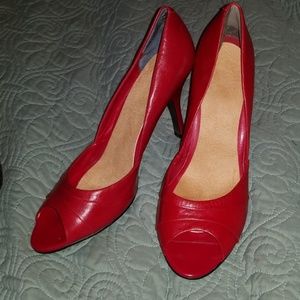 Red peep toe high heels